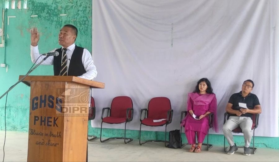 Neiko Akami, NJS speaking at the sensitization programme on substance abuse and addiction at GHSS Phek on September 24. (DIPR Photo)